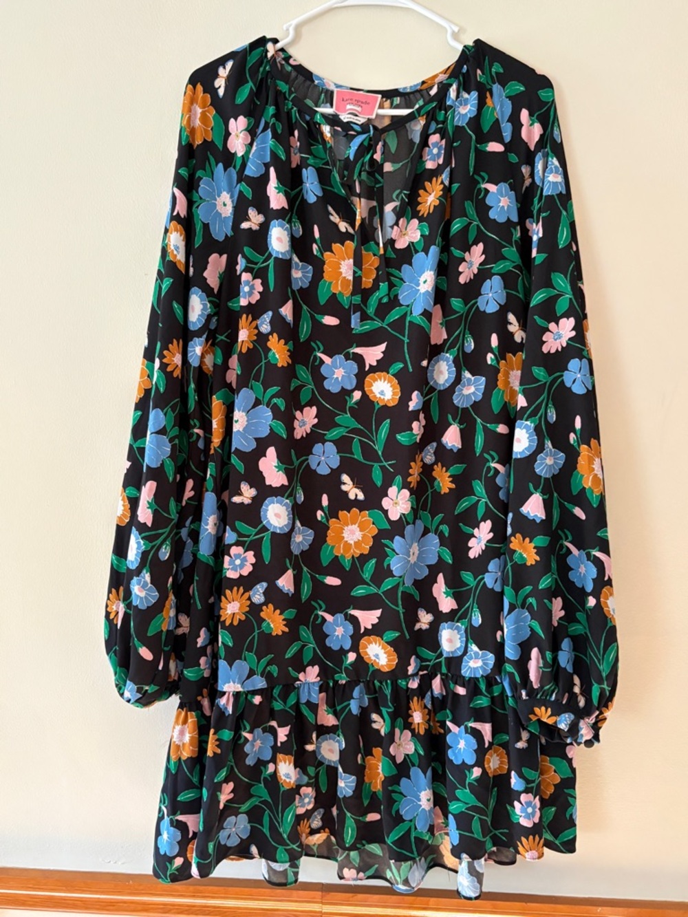 kate spade Black Floral Tie-Neck Dress with Blue, Pink & Orange Blooms